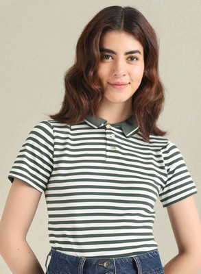 MACK JONNEY Striped Women Polo Neck Green, Beige T-Shirt