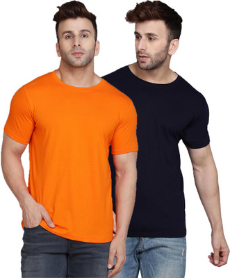 TEEFOX Solid Men Round Neck Black, Orange T-Shirt