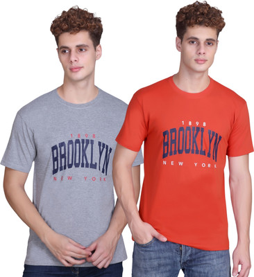 Zeffit Printed Men Round Neck Brown, Grey T-Shirt