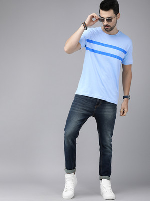 Roadster Striped Men Round Neck Blue T-Shirt