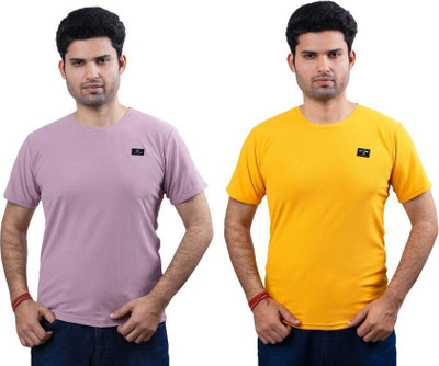 swastika vastram Solid Men Round Neck Pink, Yellow T-Shirt
