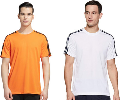 OctaBox Solid, Striped Men Round Neck Orange, White T-Shirt
