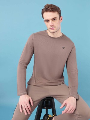 TECHNOSPORT Solid Men Crew Neck Brown T-Shirt