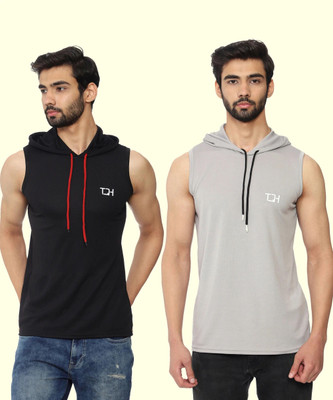 TQH Solid Men Hooded Neck Black, Grey T-Shirt