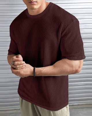 LEWEL Self Design Men Round Neck Brown T-Shirt