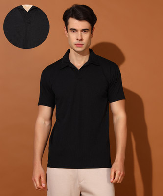 Christy World Solid Men Polo Neck Black T-Shirt