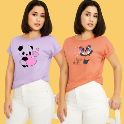 Kintu Parantu Printed Women Round Neck Purple, Pink T-Shirt