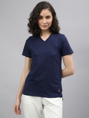 Beverly Hills Polo Club Solid Women V Neck Blue T-Shirt