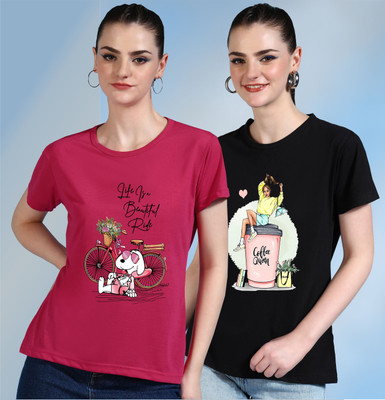 CHOZI Printed Women Round Neck Pink, Black T-Shirt