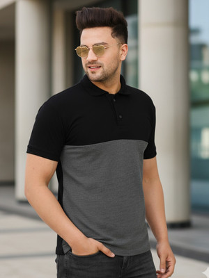 JUST ROAR Colorblock Men Polo Neck Grey T-Shirt