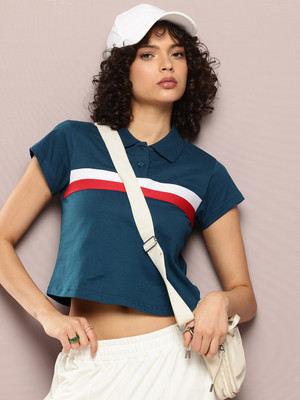 DILLINGER Solid Women Polo Neck Navy Blue T-Shirt