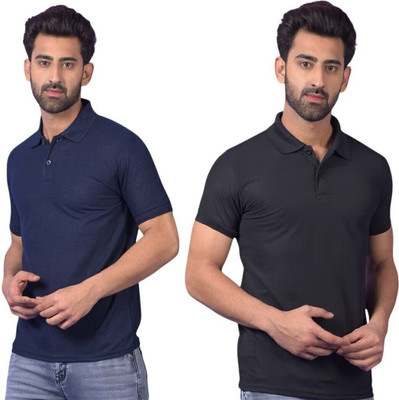 ROYAL YOUTH Solid Men Polo Neck Black, Navy Blue T-Shirt