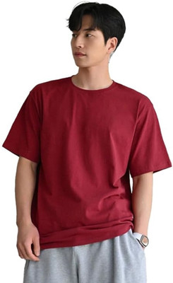 FASHNET FASHION Solid Men Round Neck Maroon T-Shirt