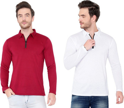 JB Jagoboy Solid Men Polo Neck White, Maroon T-Shirt
