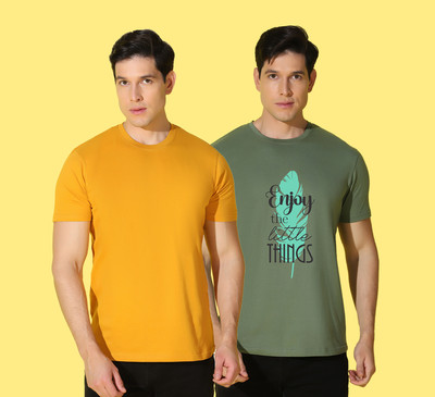 WOOSTRO Typography Men Round Neck Yellow, Green T-Shirt