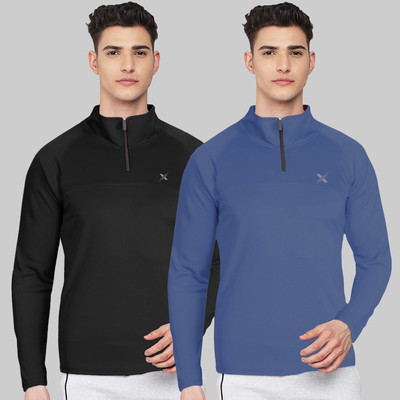 FTX Solid, Printed Men Zip Neck Black, Blue T-Shirt