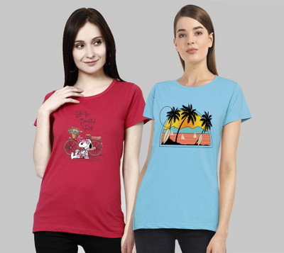 CHOZI Printed Women Round Neck Pink, Light Blue T-Shirt