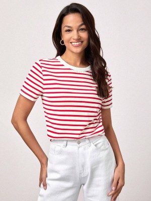 IMSA MODA Striped Women Round Neck Red, White T-Shirt