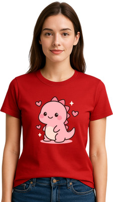 KMBCO Printed Women Round Neck Red T-Shirt