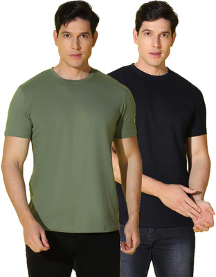 WOOSTRO Solid Men Round Neck Green, Black T-Shirt