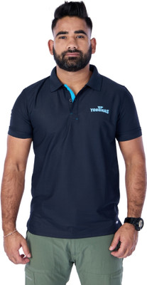 playR Solid Men Polo Neck Navy Blue T-Shirt