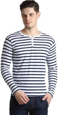 Zoby Striped Men Henley Neck White T-Shirt