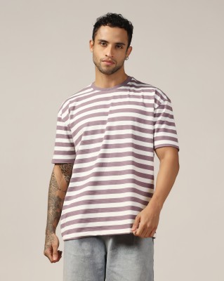 GRECIILOOKS Striped Men Round Neck Purple T-Shirt