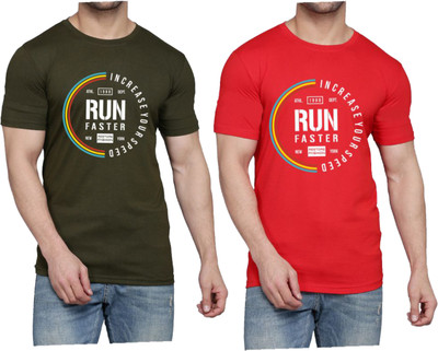 WOOSTRO Printed Men Round Neck Dark Green, Red T-Shirt