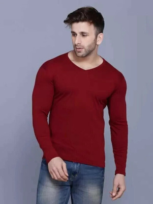TEEMEX Solid Men V Neck Maroon T-Shirt