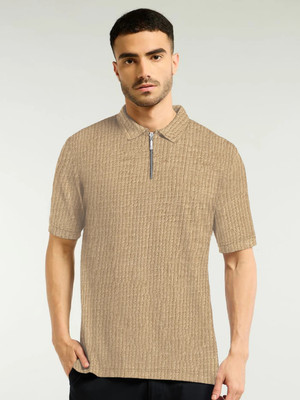 THE DRY STATE Self Design Men Zip Neck Beige T-Shirt
