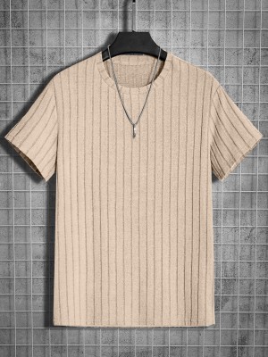 KAJARU Striped Men Round Neck Beige T-Shirt