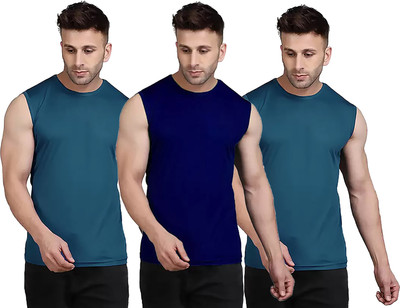 Renowned Solid Men Round Neck Blue, Dark Blue T-Shirt