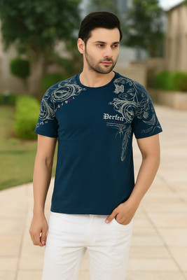 Sageware Printed Men Round Neck Navy Blue T-Shirt