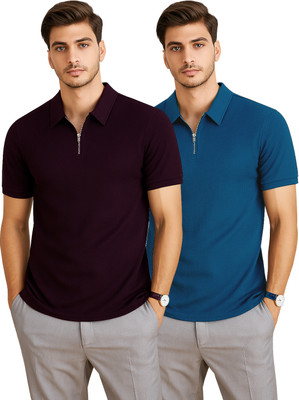 RMLKN Self Design Men Zip Neck Blue, Maroon T-Shirt