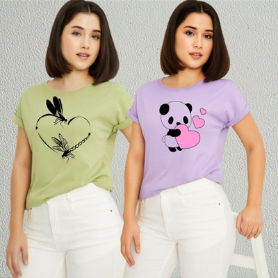 Lecowar Printed Women Round Neck Green, Purple T-Shirt
