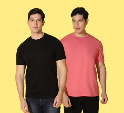 WOOSTRO Solid Men Round Neck Black, Pink T-Shirt