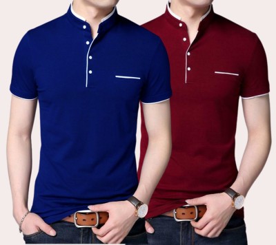 GlobyCraft Solid Men Mandarin Collar Maroon, Blue T-Shirt
