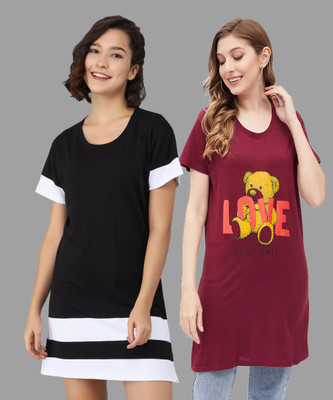 TRADSTER Striped, Printed Women Round Neck Black, White, Maroon T-Shirt