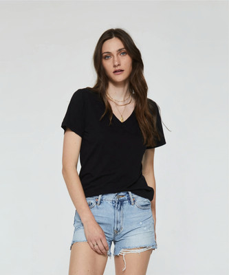 COLOR CAPITAL Solid Women V Neck Black T-Shirt