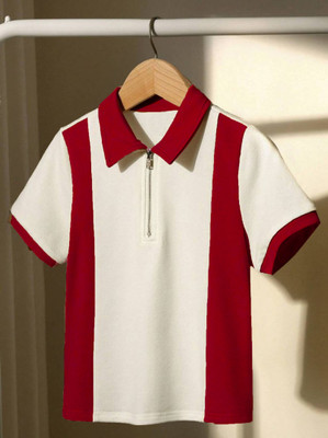 Lieo Trend Colorblock Men Zip Neck White, Maroon T-Shirt