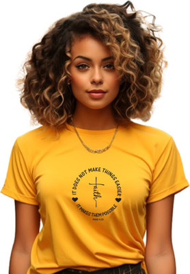 Witty Curls Printed Women Round Neck Yellow T-Shirt