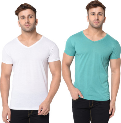 Tresna Trending Solid Men V Neck White, Light Green T-Shirt