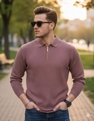 Siya Fashion Solid Men Zip Neck Pink T-Shirt
