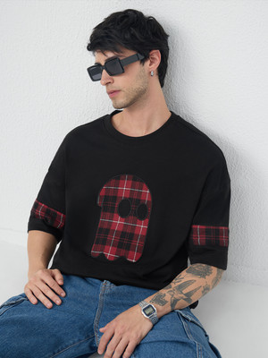 The Souled Store Checkered, Solid Men Round Neck Black, Red T-Shirt