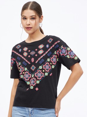 HARPA Floral Print Women Round Neck Black T-Shirt
