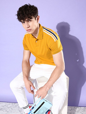 Mast & Harbour Solid Men Polo Neck Yellow T-Shirt