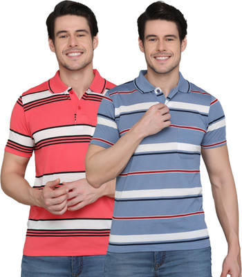 INKKR Striped Men Polo Neck Multicolor T-Shirt