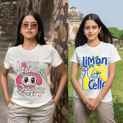 Kasendra Printed Women Round Neck White T-Shirt