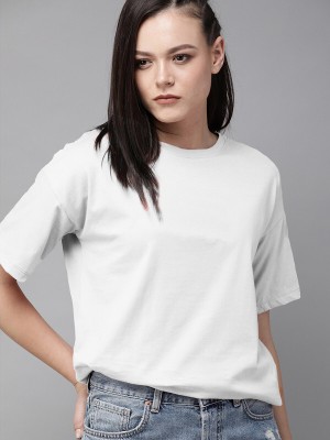 LazyChunks Solid Women Round Neck White T-Shirt