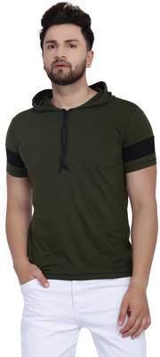 SLOWLORIS Solid Men Hooded Neck Dark Green T-Shirt
